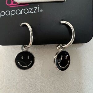 Paparazzi Silver Hoops with Black Smiley Charms